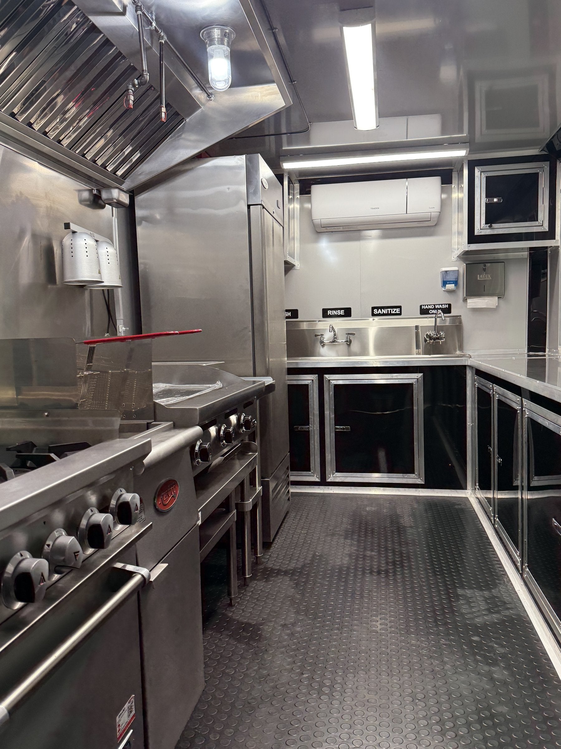14 FT yellow cooking trailer, interior cook line with range and stainless prep