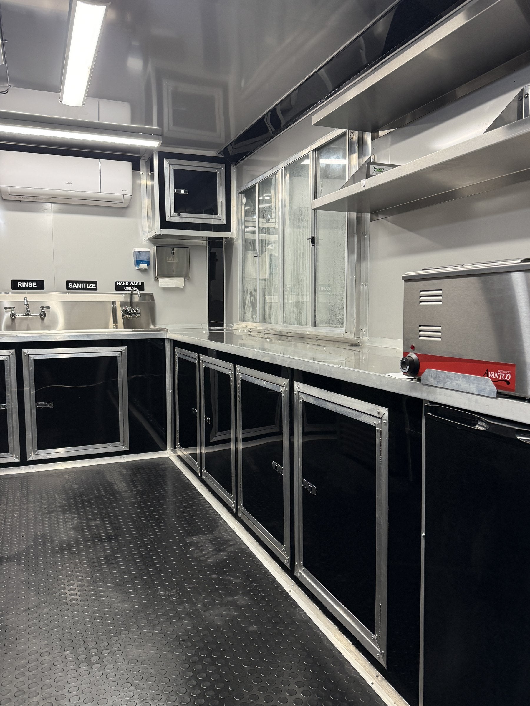 14 FT yellow cooking trailer, interior stainless prep counters and cabinets