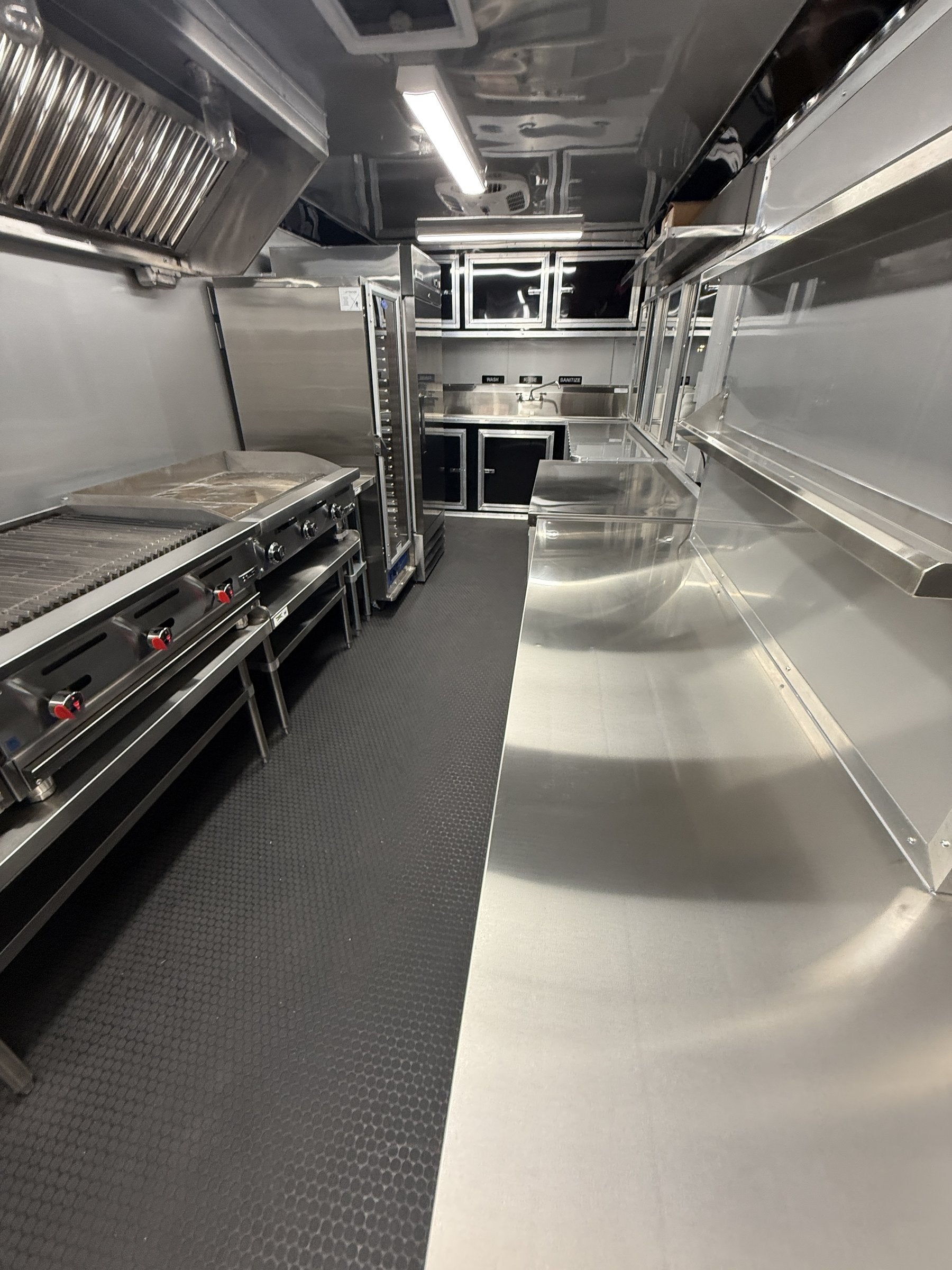 26 FT concession porch trailer, fully loaded, interior looking down the full cook line