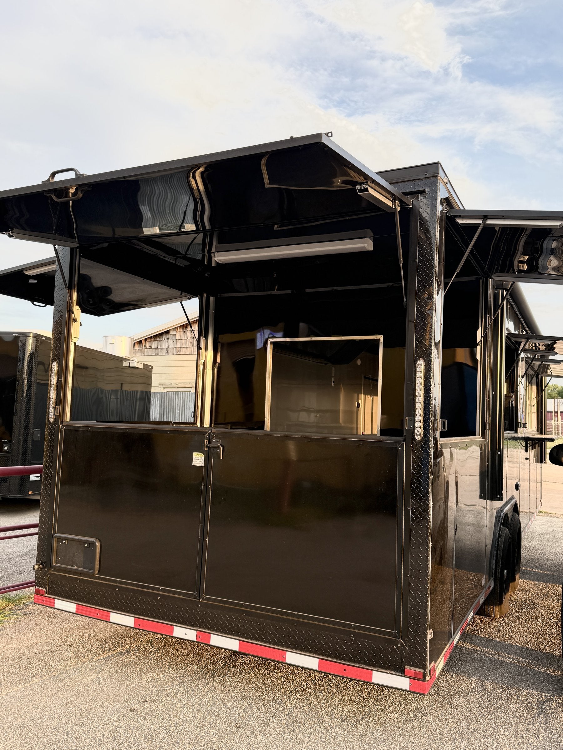 26 FT concession porch trailer, fully loaded, exterior rear with gull wing doors open