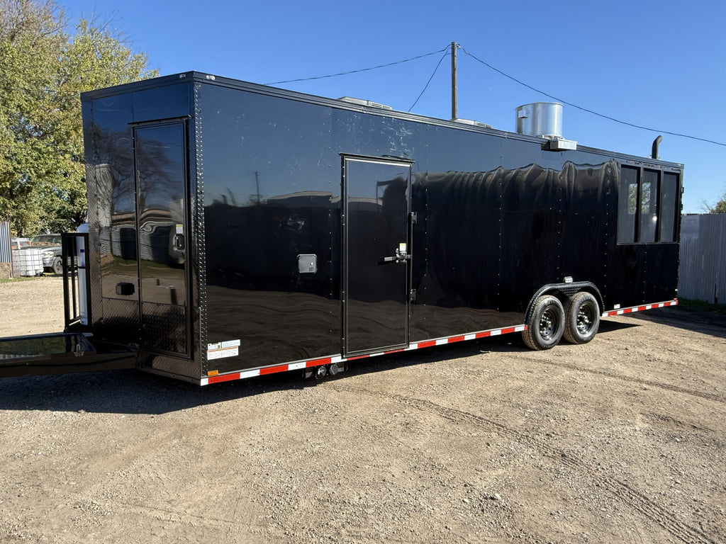 28 FT smoker concession trailer with restroom, exterior side profile in daylight