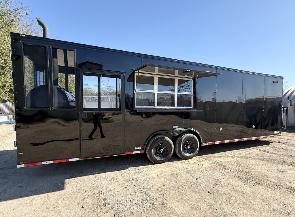 28 FT smoker concession trailer with restroom, exterior side profile with smoker stack