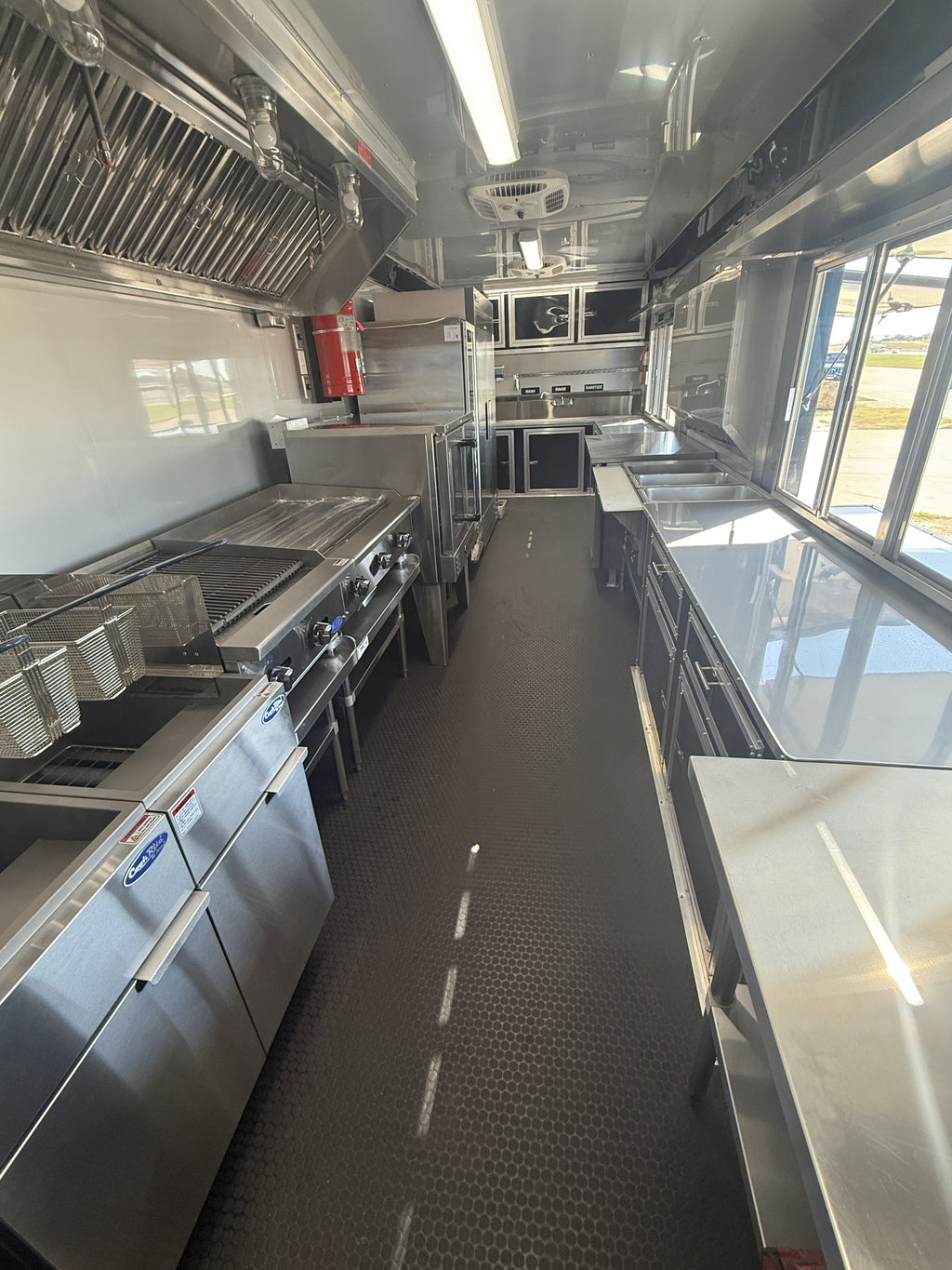 40 FT gooseneck smoker concession trailer, interior full-length cook line