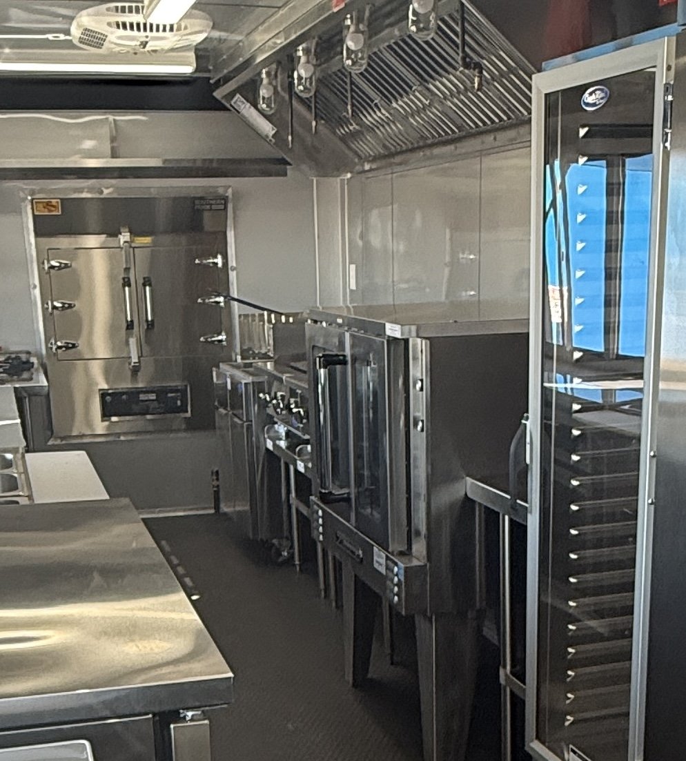 40 FT gooseneck smoker concession trailer, interior warming cabinet and rack
