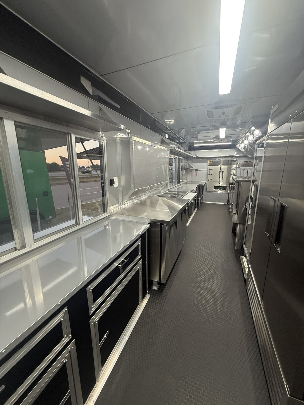 40 FT gooseneck smoker concession trailer, interior serving window line from inside