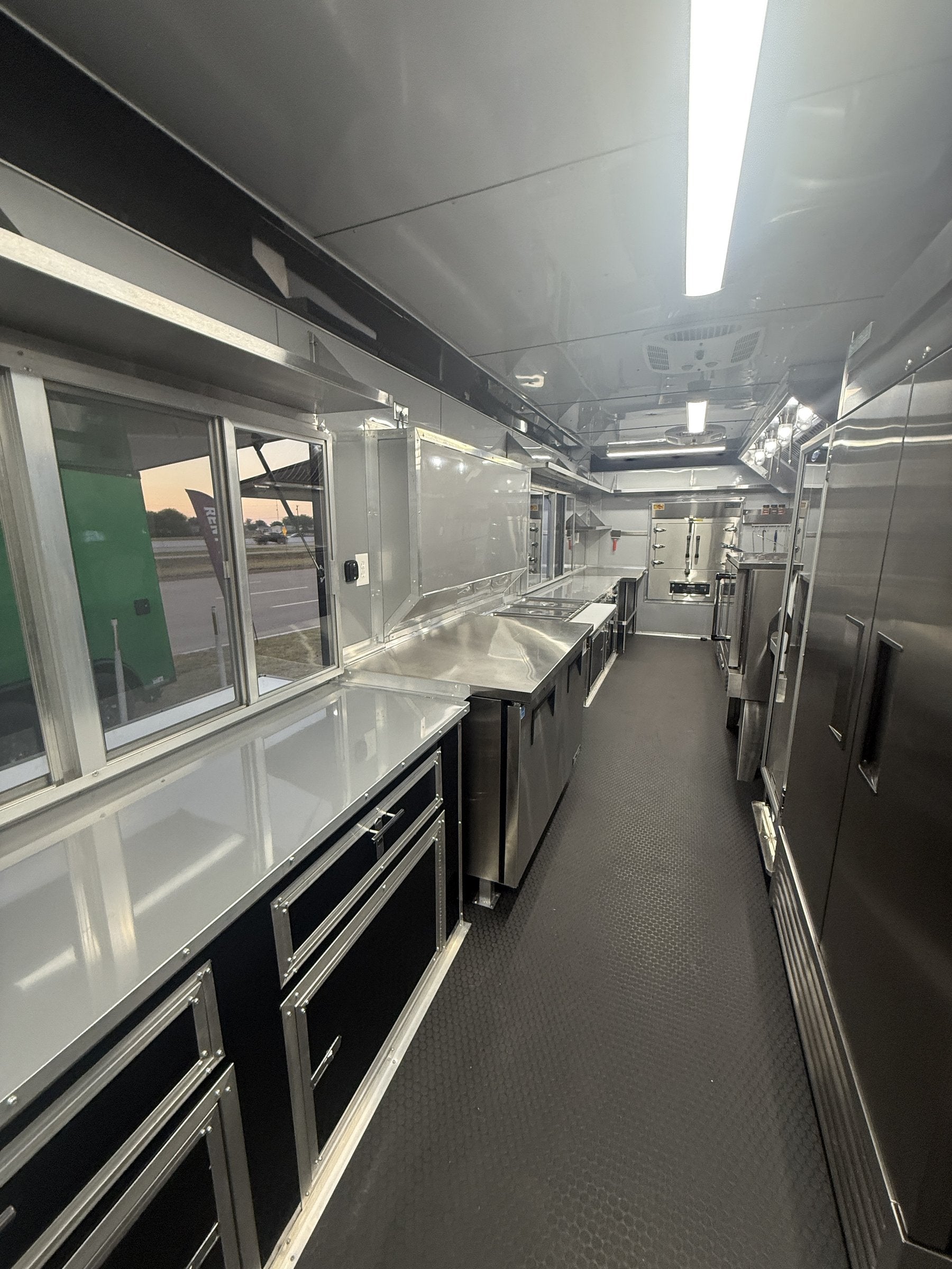 40 FT gooseneck smoker concession trailer, interior serving window line from inside