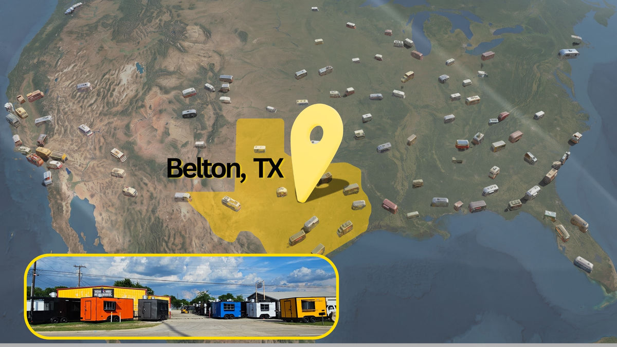 Map of the United States showing Texas Built food trailers delivered across the country, with Texas highlighted in gold and a pin marking Belton, Texas, where every trailer is built