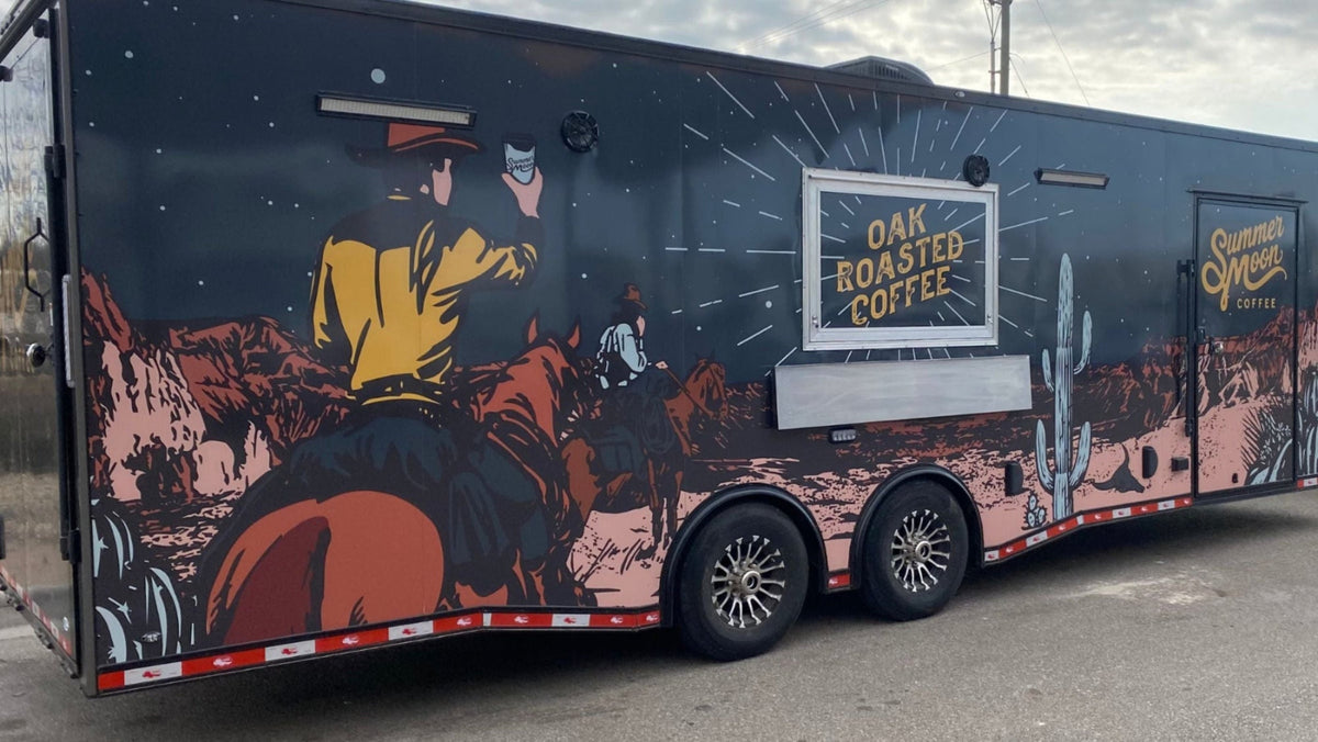Summer Moon Espresso coffee trailer built by Texas Built Food Trailers, finished with a full custom mural wrap