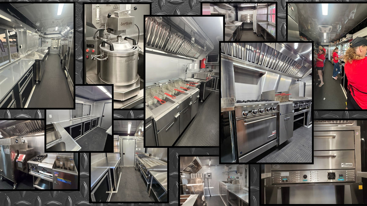 Custom food trailer builds by Texas Built Food Trailers, showing stainless cook lines, vent hoods, sinks and prep areas