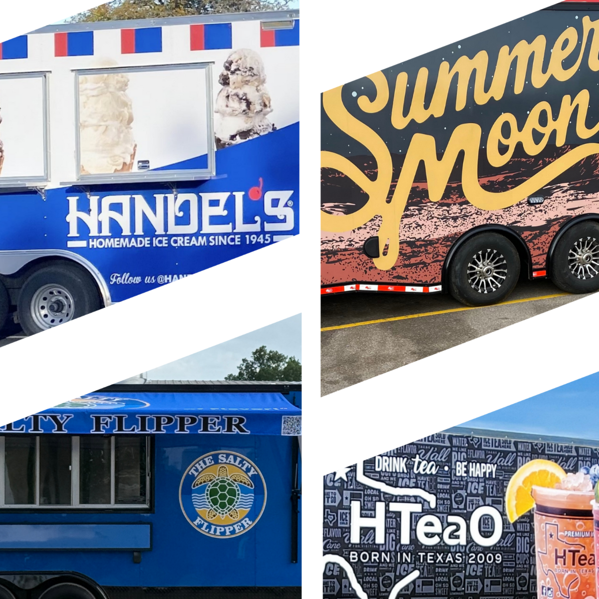Four food trailers built by Texas Built Food Trailers with custom vinyl wraps and decals — Handel's Homemade Ice Cream, Summer Moon Coffee, The Salty Flipper and HTeaO