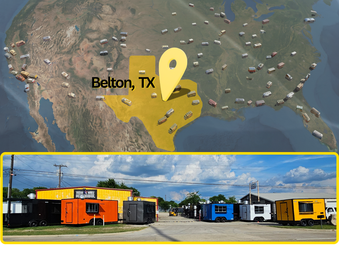 Map of the United States showing Texas Built food trailers delivered across the country, with Texas highlighted in gold and a pin marking Belton, Texas, where every trailer is built